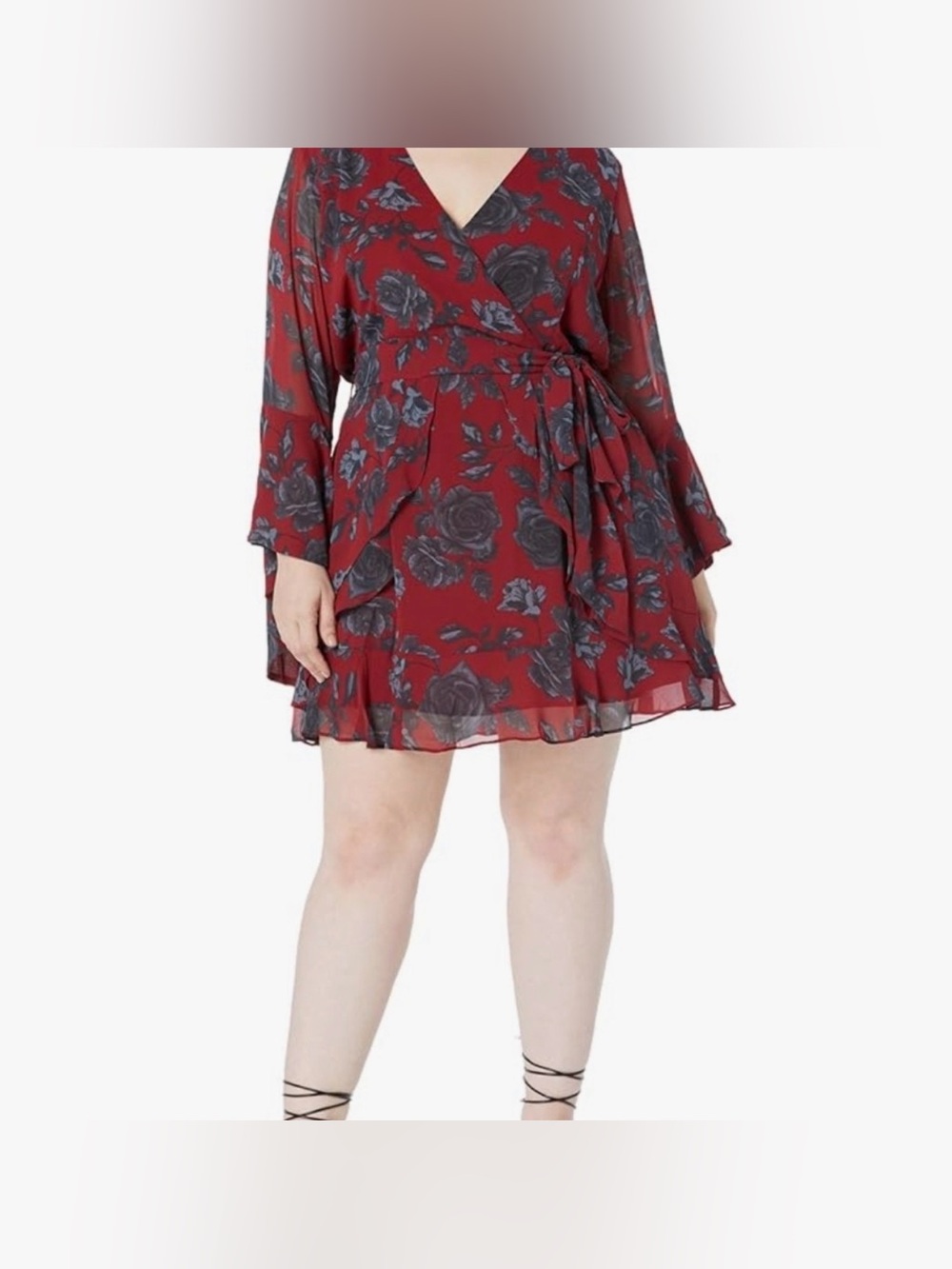 City Chic floral wrap dress striking red black rose print ruffle details M/18